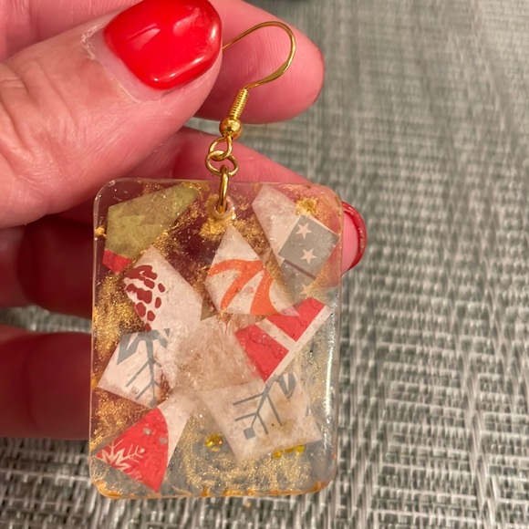 Handmade Festive Medium Holiday Earrings Gold Rectangle - Picture 6 of 9